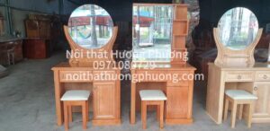 bàn trang điểm gỗ sồi đỏ 80cm gương tròn