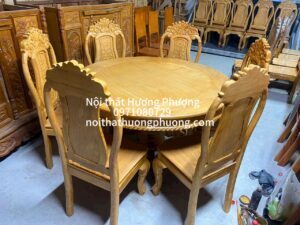 bàn ăn gõ đỏ 6 ghế mẫu tròn