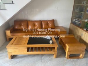 BỘ SOFA GỖ SỒI 1 VĂNG LAU MÀU HƯƠNG KÈM NỆM