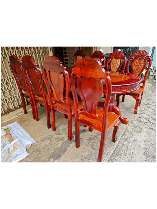BÀN ĂN 8 GHẾ GỖ TRÀM HOA VÀNG MẪU OVAL CAO CẤP